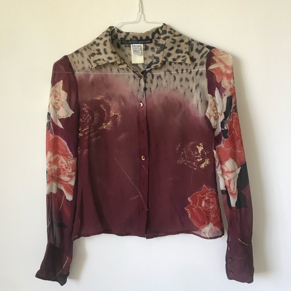 RARE Class Roberto Cavalli Semi Sheer Golden Accents Rose Leopard Print Blouse